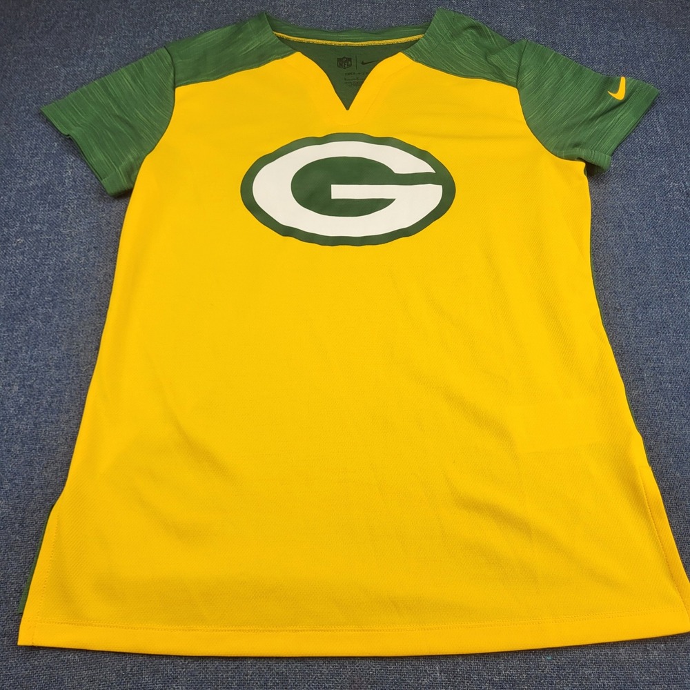 Nike Green Bay Packers Womens Dri-FIT V-Neck Shirt Yellow Green Small NFL